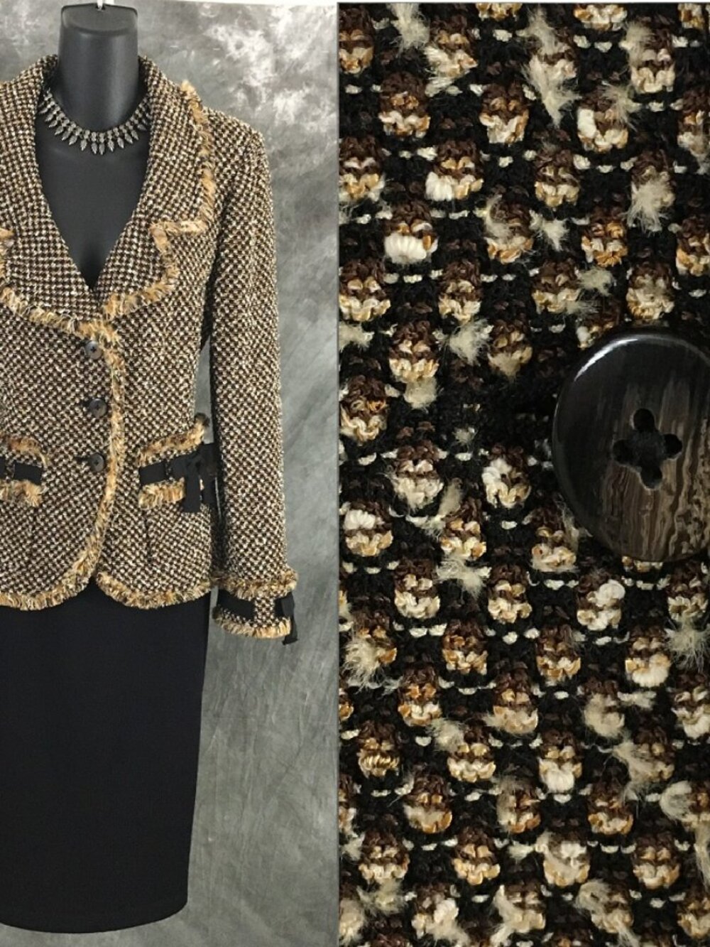 BEAUTIFUL St John couture knit black brown multi jacket skirt suit size 8